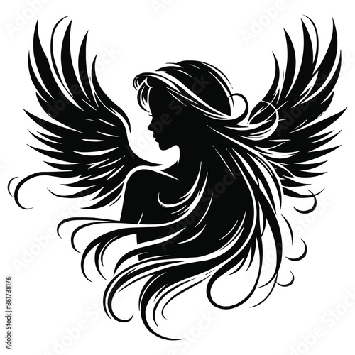 Black silhouette of Beautiful woman with angel wings vector
