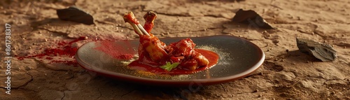 A serving of Indian tandoori chicken with grilled spices and yogurt marinade, placed on a ceramic plate, photographed in an Indian desert with scattered mangrove plants