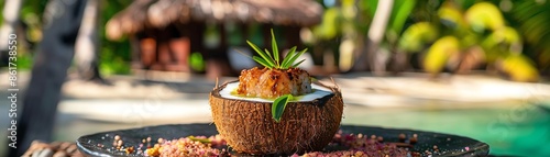A serving of Kiribati te bua toro ni baukin with mashed pandanus and coconut cream photo