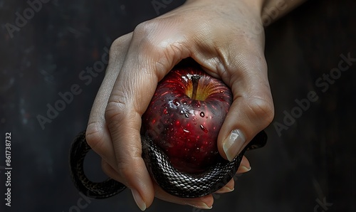 A close-up of Eve's hand holding a red apple with a black snake wrapped around her arm, symbolizing temptation and disobedience photo