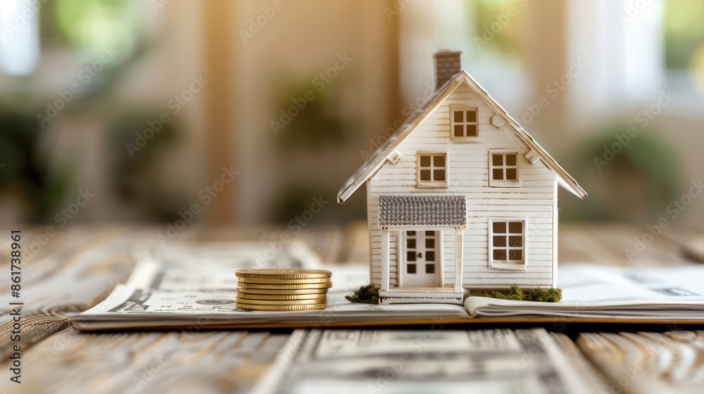 A house is sitting on a table with a stack of coins next to it. The coins are arranged in a pyramid shape, with the largest coin at the bottom and the smallest at the top. The house is a small A house is sitting on a table with a stack of coins next to it. The coins are arranged in a pyramid shape, with the largest coin at the bottom and the smallest at the top. The house is a small
