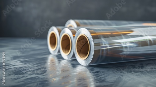 Rolls of transparent stretch wrap film on grey background photo