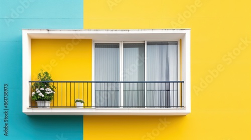 A balcony with a white railing and a yellow wall. The railing is holding a potted plant and a vase