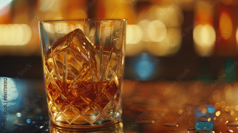 A glass of whiskey with ice cubes in it. The glass is on a table with a blurry background A glass of whiskey with ice cubes in it. The glass is on a table with a blurry background
