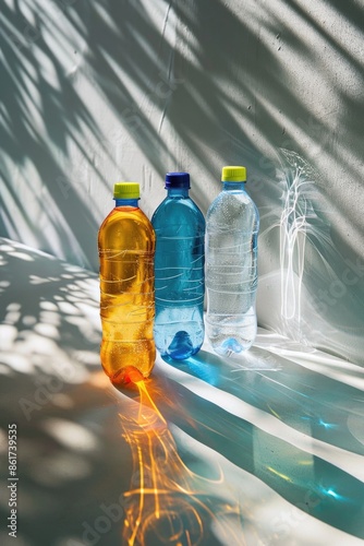 Three bottles of water are lined up on a white surface, with one bottle being orange, one blue, and one clear. The bottles are positioned in such a way that they cast shadows on the surface