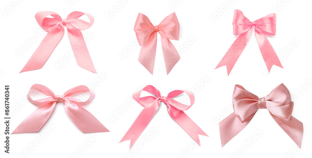 Beautiful pink bows isolated on white, set Beautiful pink bows isolated on white, set