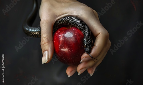 A close-up of Eve's hand holding a red apple with a black snake wrapped around her arm, symbolizing temptation and disobedience photo