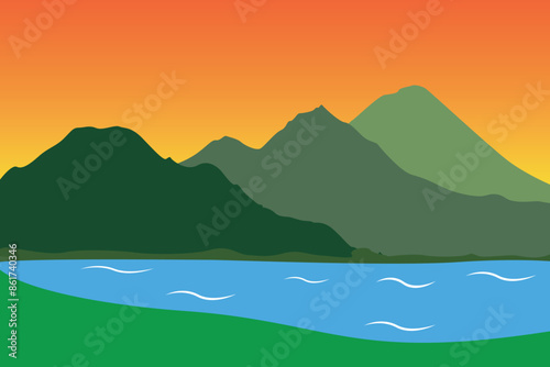 Illustration of mountains and lakes with an evening background.