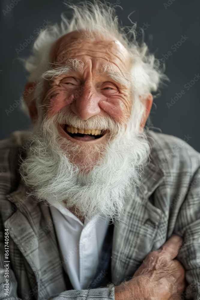 A man with a white shirt and a gray plaid jacket is smiling and laughing A man with a white shirt and a gray plaid jacket is smiling and laughing