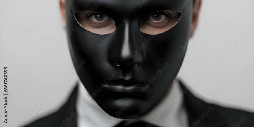 A man in a suit with a black mask representing deceit. Concept Deceitful masquerade, Man in black mask, Corporate fraud concept, Hidden identity photoshoot A man in a suit with a black mask representing deceit. Concept Deceitful masquerade, Man in black mask, Corporate fraud concept, Hidden identity photoshoot