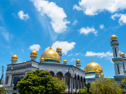 The beautiful view of Jame' Asr Hassanil Bolkiah Mosque landmark, named after Hassanal Bolkiah, the 29th and current Sultan of Brunei in Bandar Seri Begawan, the capital city of Brunei Darussalam. photo
