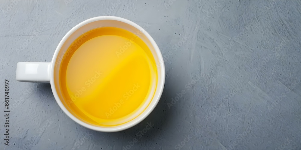 Overhead shot of a ceramic cup filled with hot turmeric tea for health benefits. Concept Healthy Beverage, Turmeric Tea, Ceramic Cup, Drink Photography, Overhead Shot Overhead shot of a ceramic cup filled with hot turmeric tea for health benefits. Concept Healthy Beverage, Turmeric Tea, Ceramic Cup, Drink Photography, Overhead Shot
