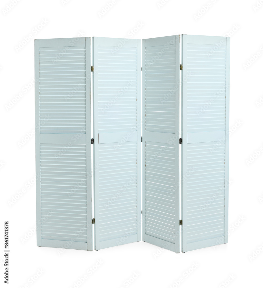 Light blue folding screen isolated on white. Stylish furniture Light blue folding screen isolated on white. Stylish furniture
