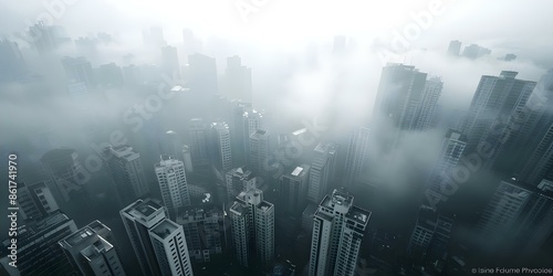 Dystopian Futuristic Cityscape Crowded Slums, Fog, and Sci-Fi Horror with Overpopulation. Concept Dystopian Future, Cityscape, Crowded Slums, Futuristic Horror, Overpopulation