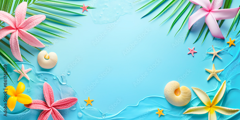 Abstract background depicting a tropical beach scene with vibrant starfish, shells, and palm leaves