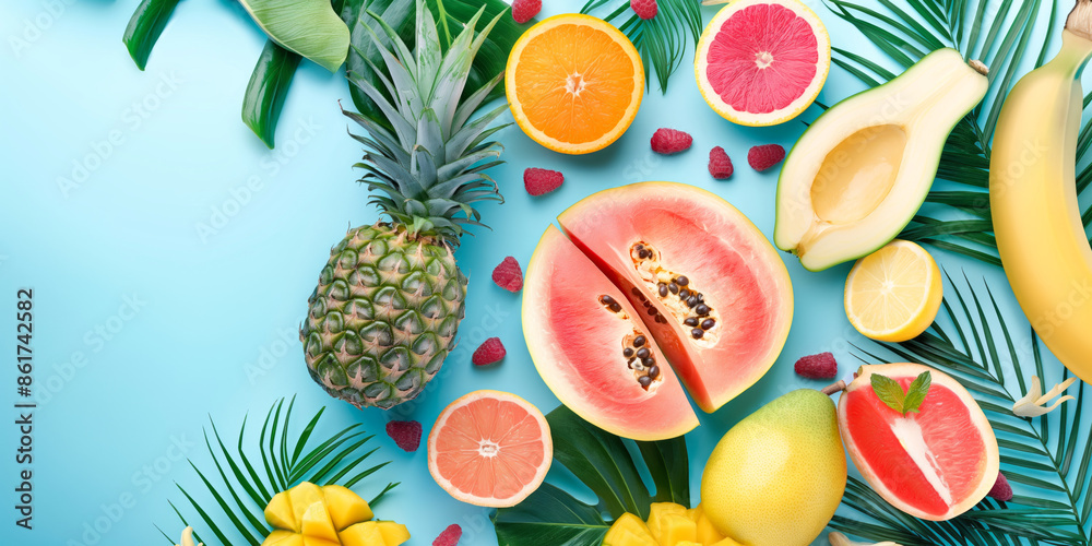 Exotic fruits including pineapples, oranges, bananas, and berries arranged on a blue background Exotic fruits including pineapples, oranges, bananas, and berries arranged on a blue background
