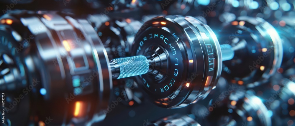 Conceptual image of futuristic digital barbells featuring holographic weight adjustments and interactive grip sensors Conceptual image of futuristic digital barbells featuring holographic weight adjustments and interactive grip sensors