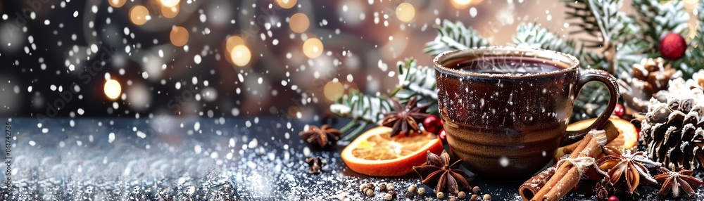 A warm cup of Austrian gluhwein with red wine, spices, and orange slices, served in a ceramic mug, set on a table with a backdrop of a snowy Austrian village A warm cup of Austrian gluhwein with red wine, spices, and orange slices, served in a ceramic mug, set on a table with a backdrop of a snowy Austrian village