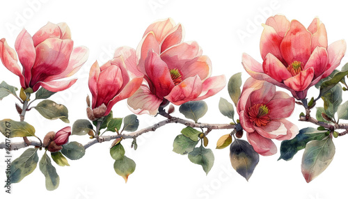 Beautiful watercolor illustration of vibrant pink magnolia flowers on a branch, capturing the delicate elegance of nature in a stunning floral design. © Lightgeo
