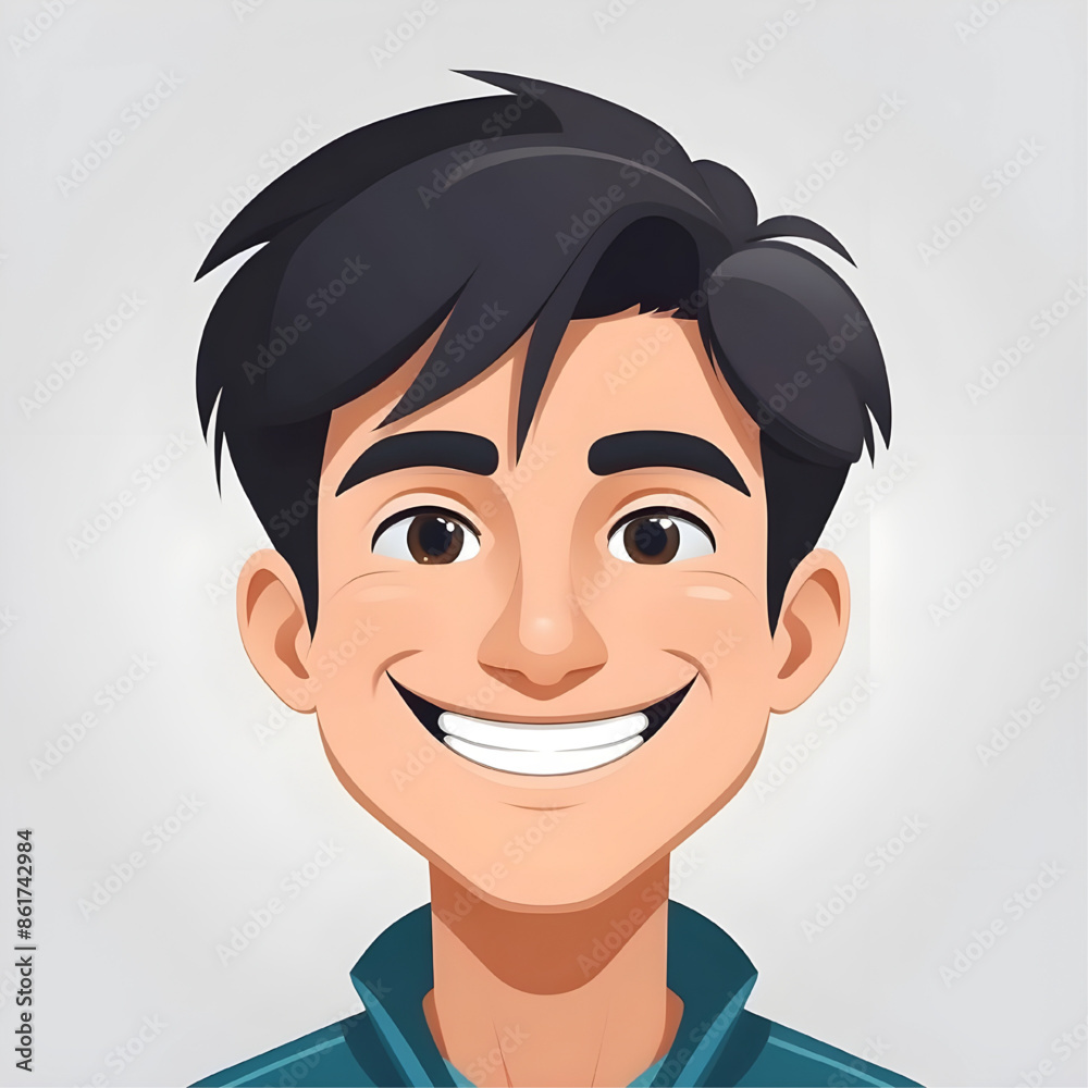 Happy Young Man Cartoon Illustration: A young man with dark hair and brown eyes smiles brightly, radiating happiness and positivity. His expression conveys warmth and friendliness Happy Young Man Cartoon Illustration: A young man with dark hair and brown eyes smiles brightly, radiating happiness and positivity. His expression conveys warmth and friendliness