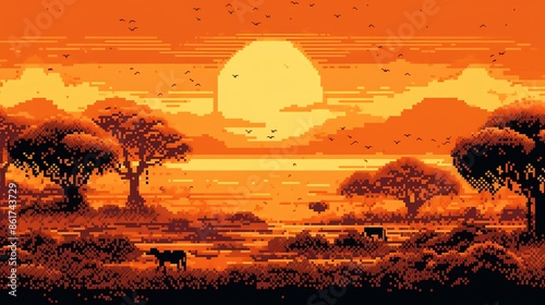 Pixel art sunset landscape with acacia trees and grazing animals. Retro video game background concept. photo