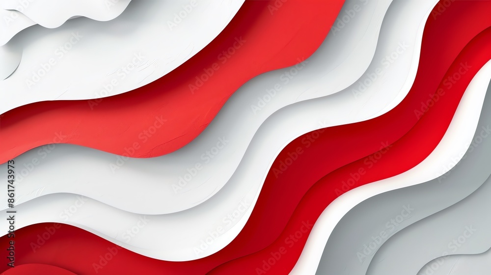 Naklejka premium Curved Layers: Abstract Red and White Waves - Curved layers of red and white create a modern