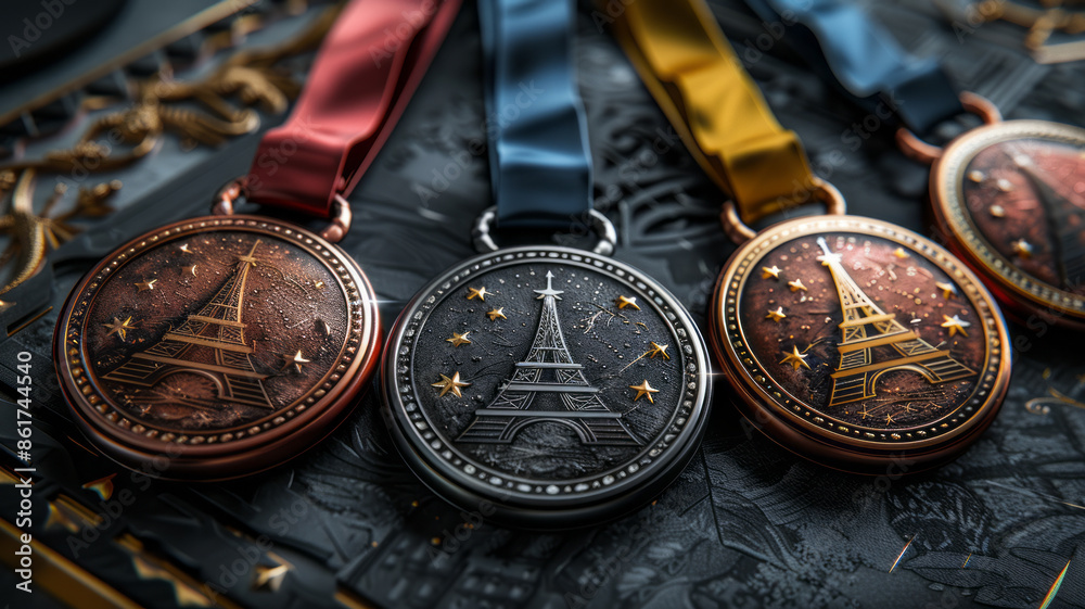 Artistic renderings of Olympic medals whose ribbons transform into iconic Parisian landmarks, such as the Eiffel Tower or Notre-Dame,generative ai