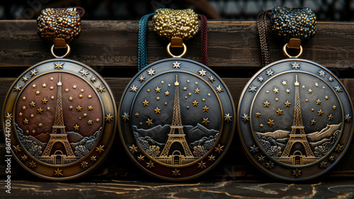 Artistic renderings of Olympic medals whose ribbons transform into iconic Parisian landmarks, such as the Eiffel Tower or Notre-Dame,generative ai photo