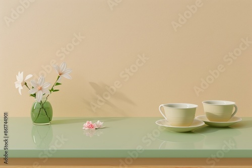 A vase with flowers and two cups on a table. The table is green and the wall is beige