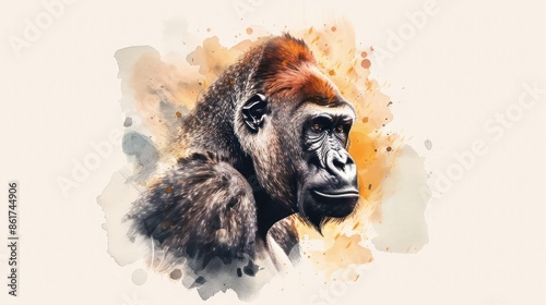 Gentle watercolor gorilla illustration with subtle shading and warm tones on a clean white background