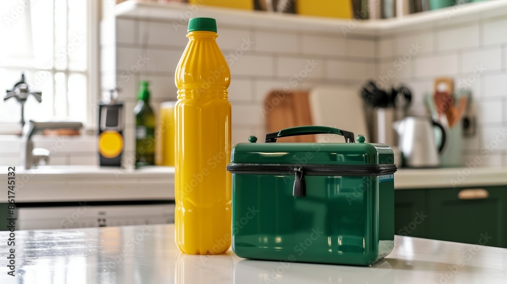 An elegant back-to-school morning with a yellow water bottle and green lunchbox on a white kitchen counter, emphasizing simplicity and organization. An elegant back-to-school morning with a yellow water bottle and green lunchbox on a white kitchen counter, emphasizing simplicity and organization.