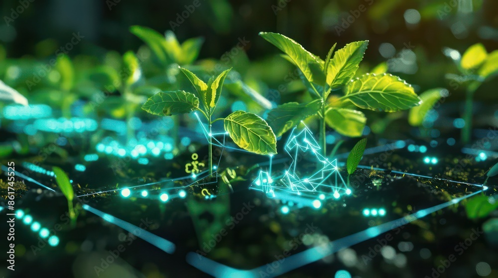 Hightech futuristic closeup of a digital gardening tool with glowing plant growth metrics and interactive, holographic garden designs Hightech futuristic closeup of a digital gardening tool with glowing plant growth metrics and interactive, holographic garden designs
