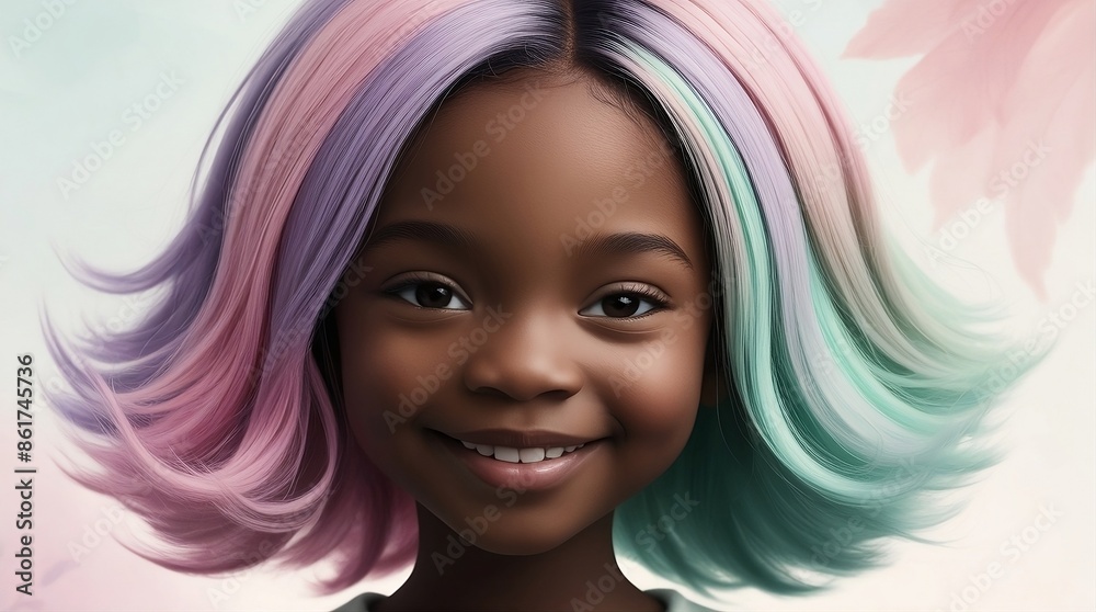 Dreamy AI image of a black girl with soft pastel-colored hair. A gentle smile and airy background create a soothing, harmonious atmosphere. Dreamy AI image of a black girl with soft pastel-colored hair. A gentle smile and airy background create a soothing, harmonious atmosphere.
