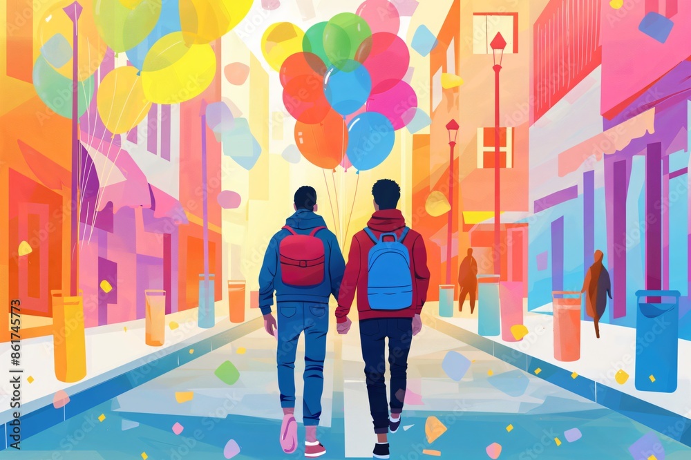 Two men holding hands and carrying balloons are walking down a vibrant city street Two men holding hands and carrying balloons are walking down a vibrant city street