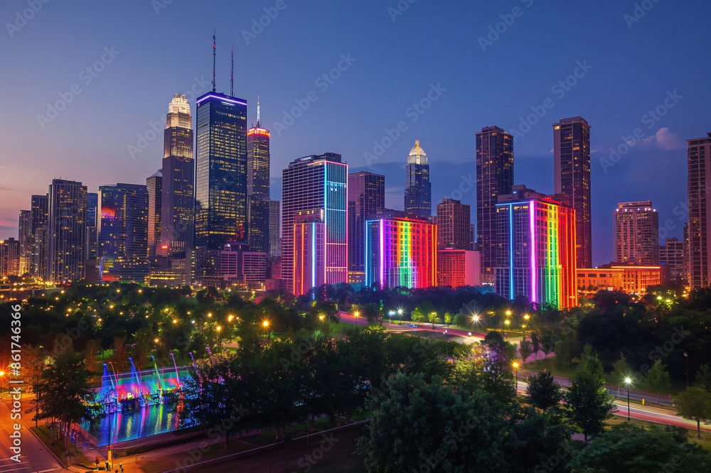 Fototapeta premium Modern city skyline is illuminated in rainbow colors for pride month, celebrating diversity and inclusion