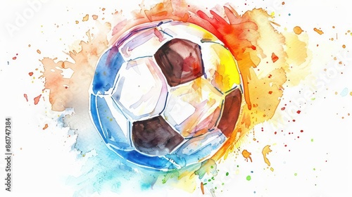 Watercolor clipart of a soccer ball on a white background with vibrant, splashy hues photo