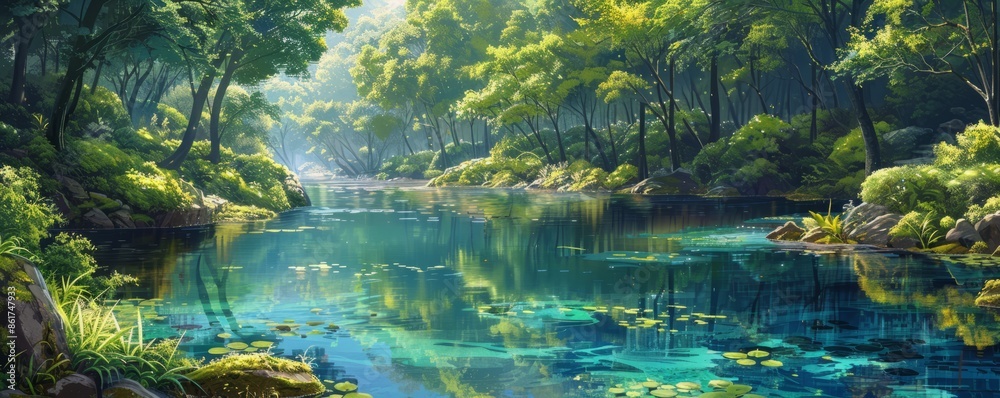 A tranquil river winding through a verdant forest, reflecting lush greenery and vibrant foliage in its crystal-clear waters. A tranquil river winding through a verdant forest, reflecting lush greenery and vibrant foliage in its crystal-clear waters.