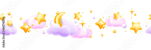 3D star sky seamless border, vector pink magic clouds, moon, night objects, cute dream kids frame. Cartoon kawaii cosmic children panoramic poster, sweet dream wallpaper. Baby 3D star background