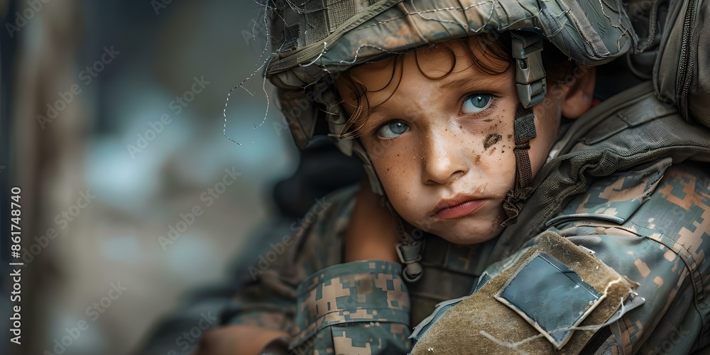 Ukrainian soldier offers solace to distressed child refugee in conflict, seeking safety and peace. Concept War and conflict, Refugee crisis, Ukrainian soldier, Child trauma, Seeking safety