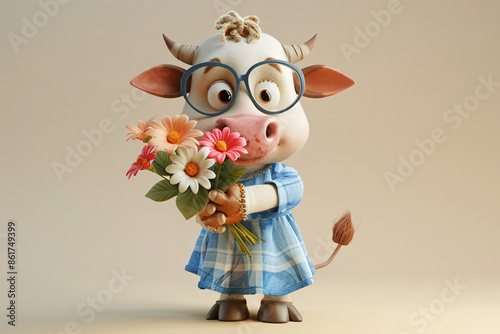 a cartoon cow holding flowers photo