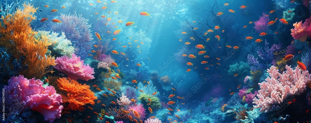 A vibrant coral reef teeming with life, with colorful fish and delicate sea creatures among the coral formations. A vibrant coral reef teeming with life, with colorful fish and delicate sea creatures among the coral formations.