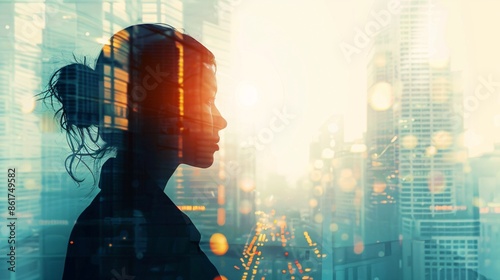 Double Exposure of Woman's Silhouette with Illuminated Cityscape. Artistic Fusion of Urban Skyline and Female Profile, Reflecting Modern Life, Ambition, and Technological Connectivity