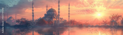 Serene Mosque Morning for Eid Greeting Design photo