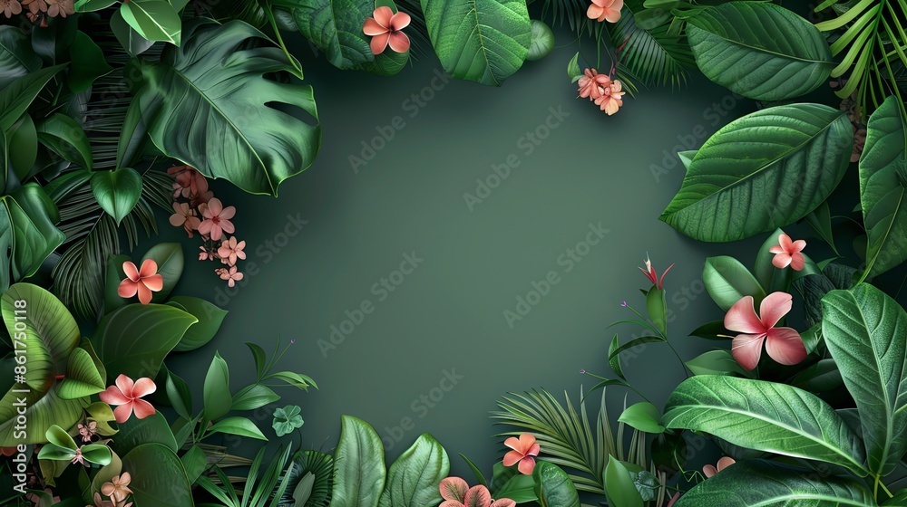 Tropical green leaves and flowers frame on a dark green background. Lush jungle foliage with exotic flowers. Design for cosmetics, spa, wellness, travel, or nature-themed concepts. Tropical green leaves and flowers frame on a dark green background. Lush jungle foliage with exotic flowers. Design for cosmetics, spa, wellness, travel, or nature-themed concepts.
