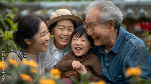 Senior Asian couple playing with their grandchildren in backyard, family time