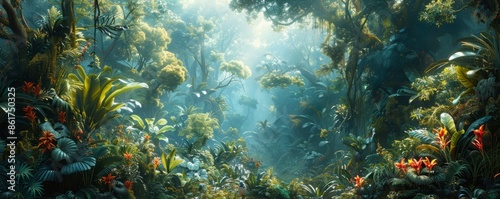 Wallpaper Mural A dense rainforest teeming with life, its trees towering overhead and its undergrowth filled with exotic plants and animals. Torontodigital.ca