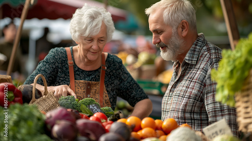 Senior couple exploring a farmers' market, selecting fresh produce, sampling local goods