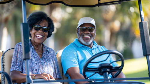 Senior black couple riding gold cart, playing golf during vacation