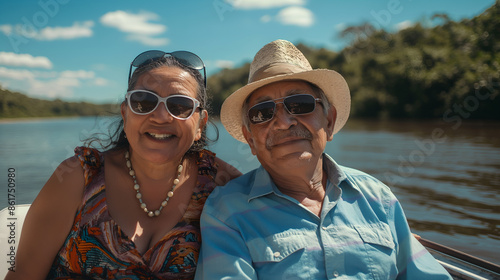 Middle-aged Hispanic couple on a boat ride, wearing sunglasses, enjoying vacation © Rando
