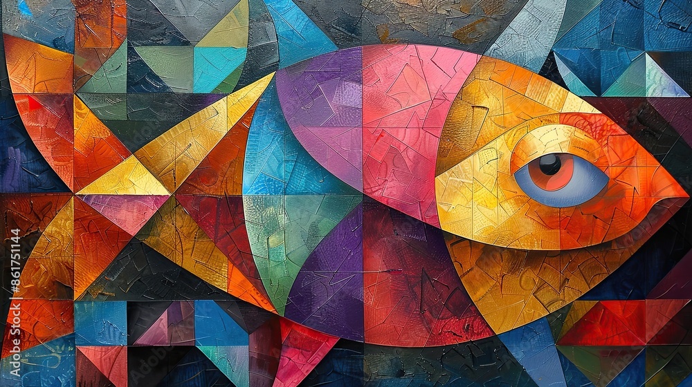 Fototapeta premium Vibrant and colorful abstract mosaic art depicting a fish, showcasing intricate patterns and bold geometric shapes. 